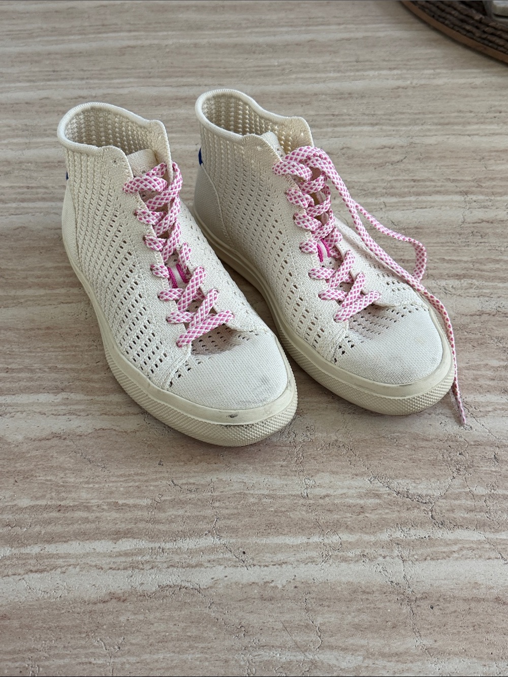 Rothy's Cream Knit High-Top Sneakers with Pink Laces